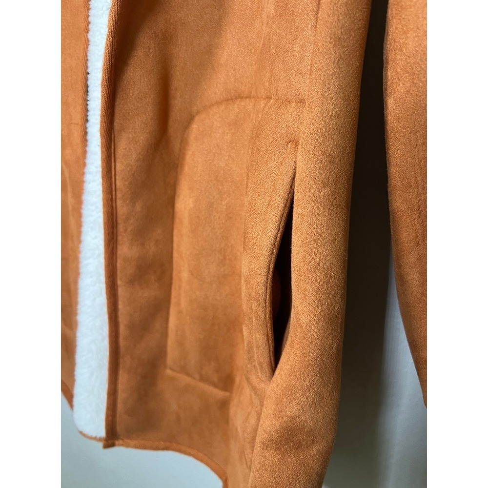 Faux Suede Sherpa Lined Open Front Jacket Size M Cognac Brown Cozy Cabincore - Picture 6 of 12